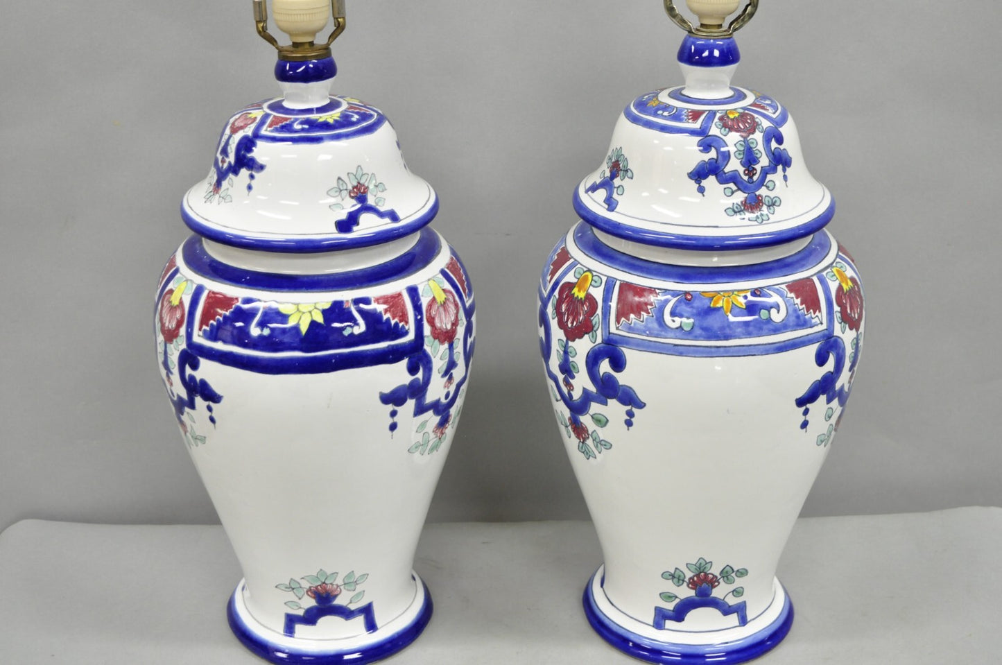 Vintage Chinoiserie White Blue Porcelain Ceramic Jardiniere Table Lamp - a Pair