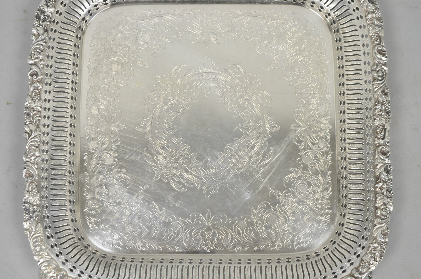Vintage International Silver Victorian Repousse Pierced Gallery Square Bar Tray
