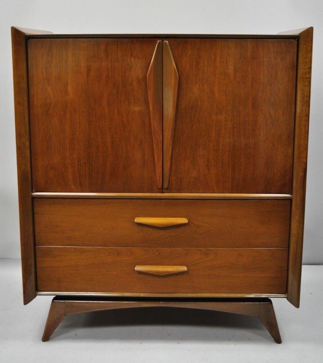 Vintage Mid Century Modern Sculpted Angled Walnut Highboy Tall Chest Dresser