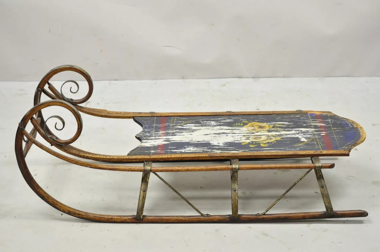 Antique Bentwood Blue Painted Small Child Snow Sled Wall Display Art