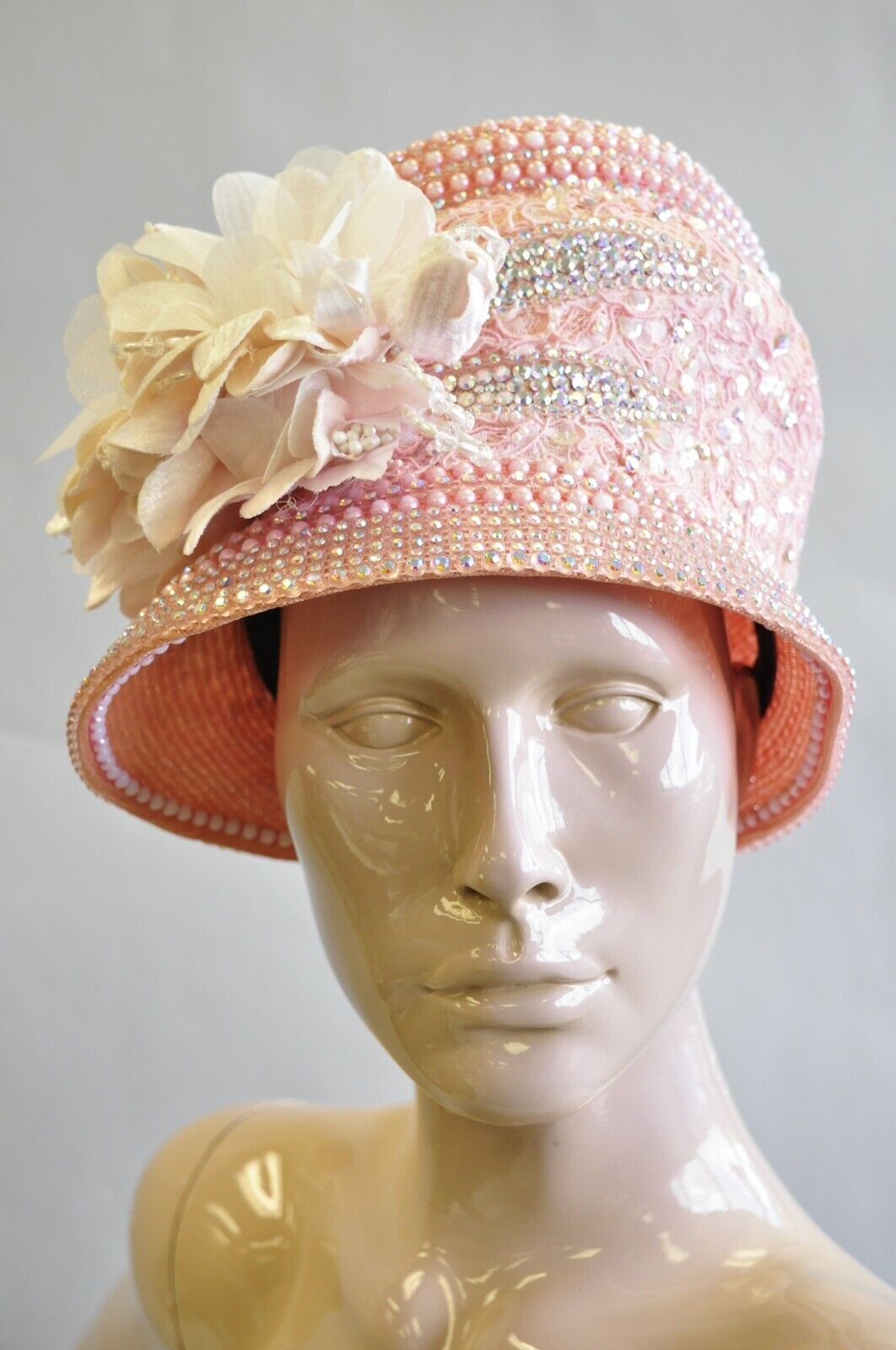 Shellie McDowell Pink Lace Iridescent Pearl Rhinestones Church Derby Crown Hat