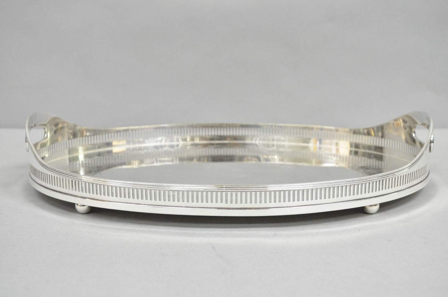 Antique English Sheffield Edwardian Silver Plated Oval 16" Bar Tray w/ Gallery