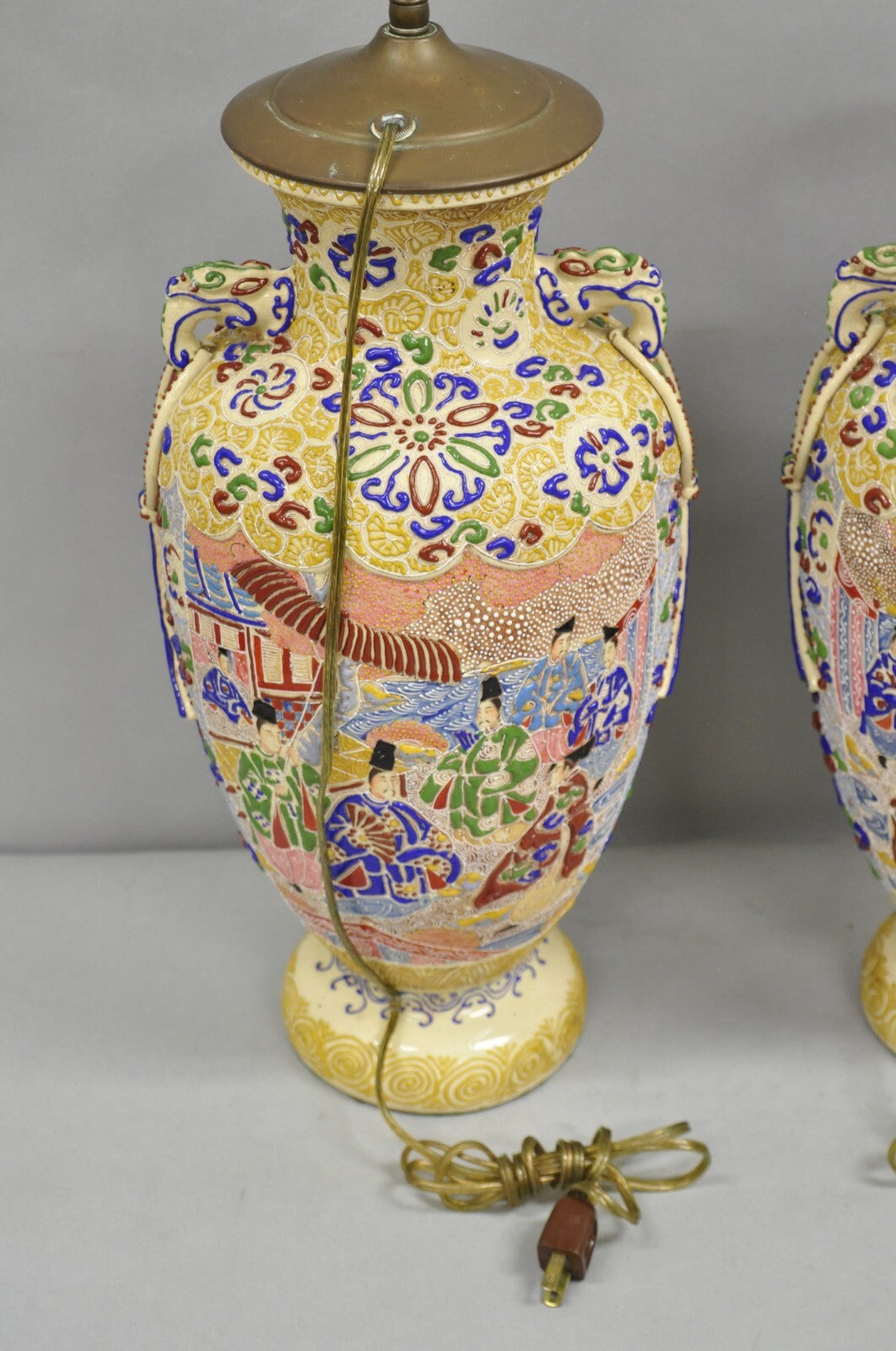 Antique Chinese Porcelain Painted Applied Scene Satsuma Vase Table Lamps - Pair