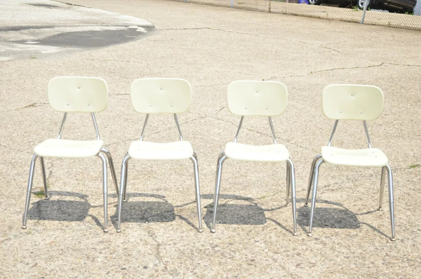 Vintage Molded Plastic Chrome Metal Base Stacking School Side Chairs - Set of 4