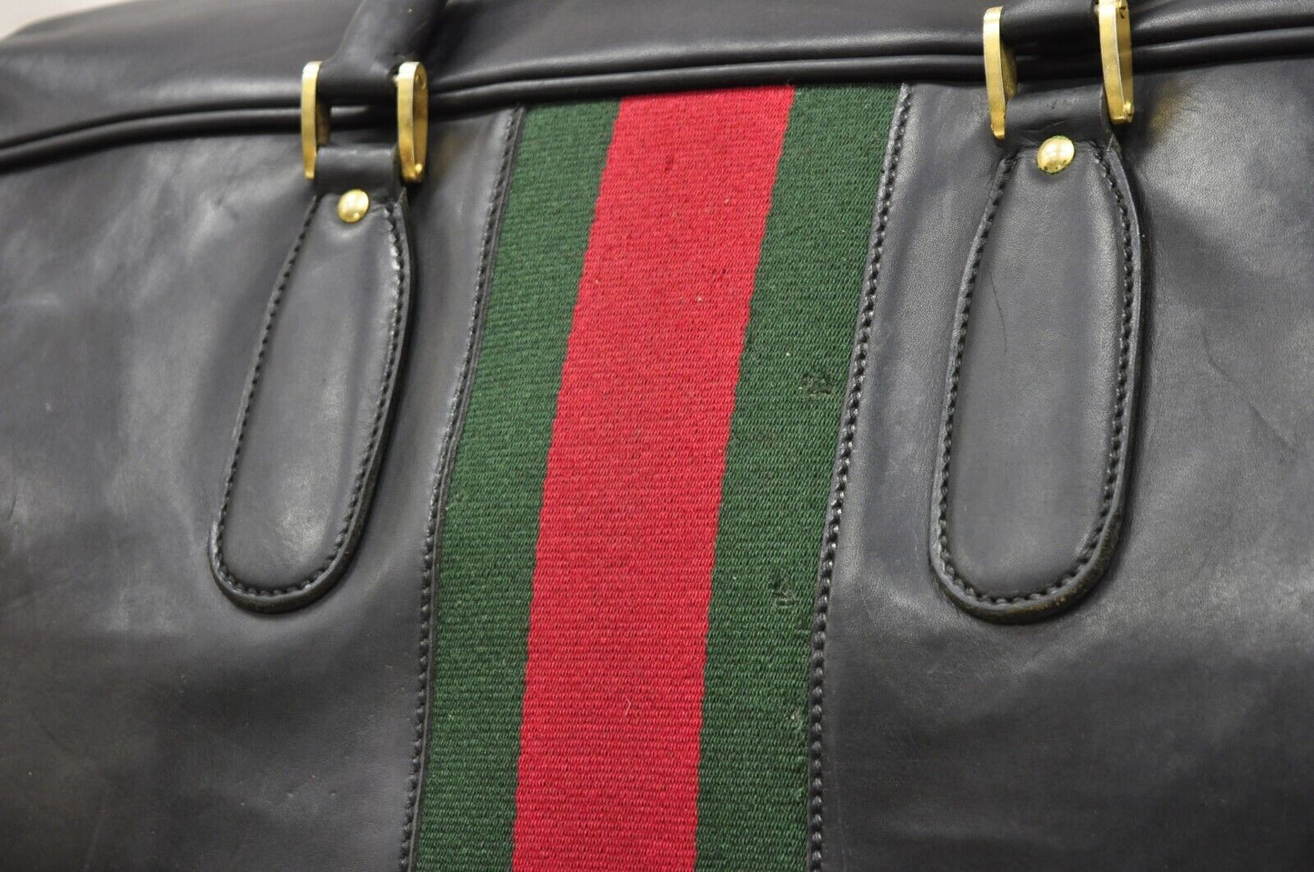 Vintage Gucci Large Black Leather Suitcase Luggage Travel Bag Green Red Webbing
