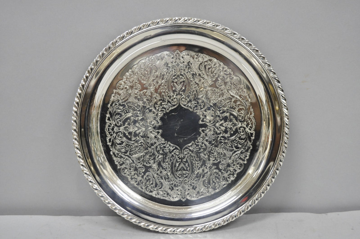 Vintage Oneida Victorian Style 12" Round Silver Plated Serving Platter Bar Tray