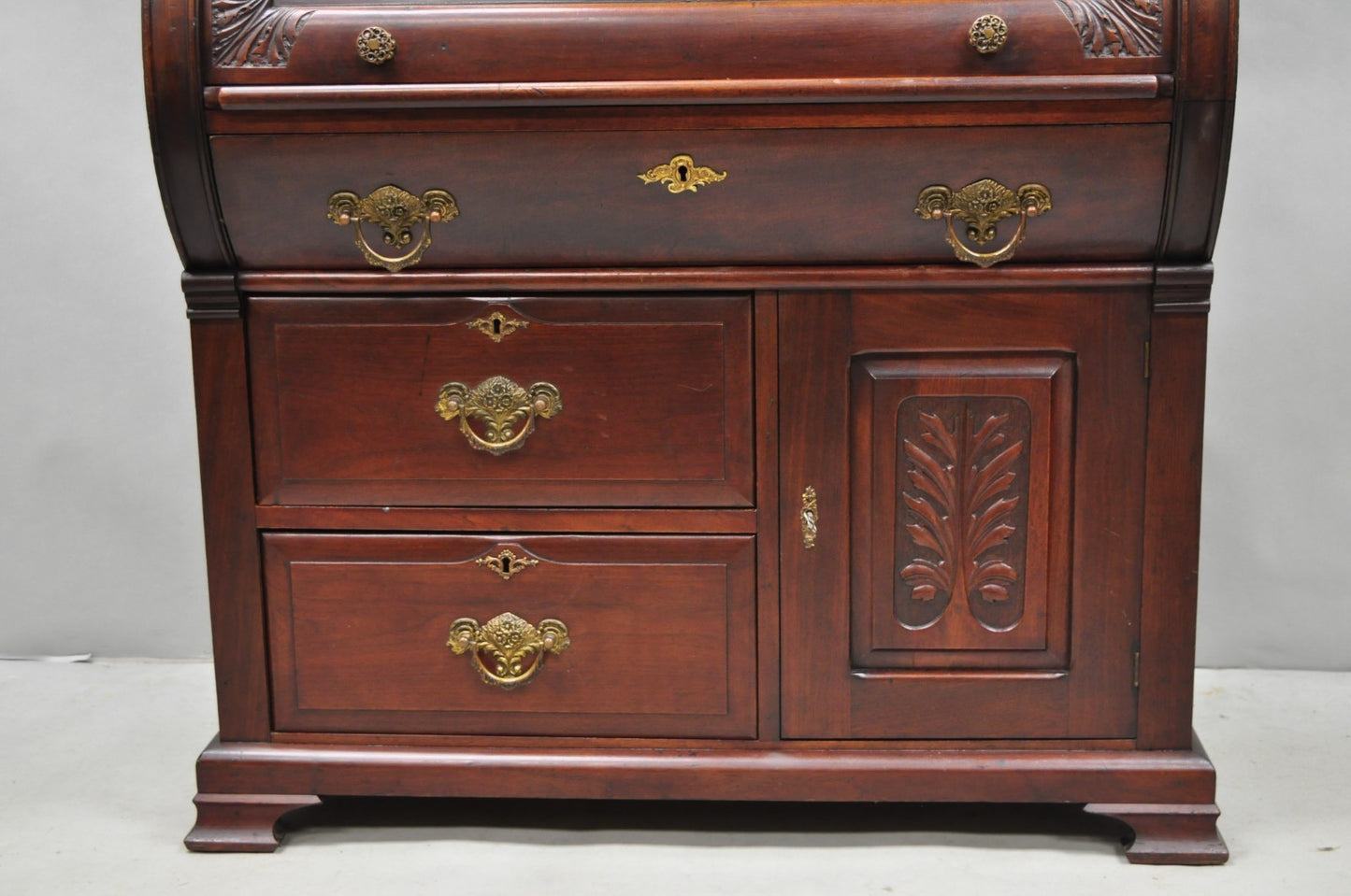 Antique Victorian Mahogany Cylinder Roll Top Bookcase Secretary Desk Cabinet