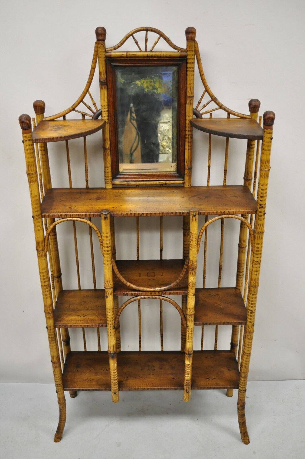 19th C. English Victorian Bamboo Stick and Ball Curio Shelf Display Etagere