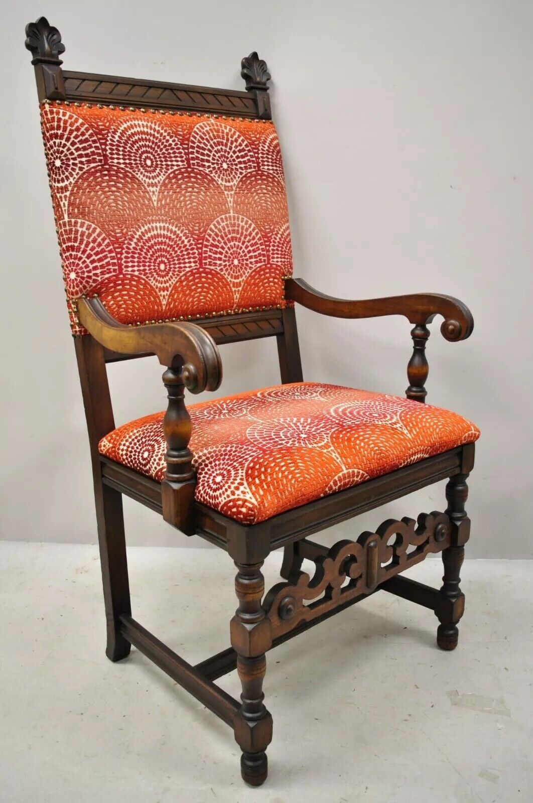 Antique Italian Renaissance Revival Carved Walnut Throne Captains Red Arm Chair