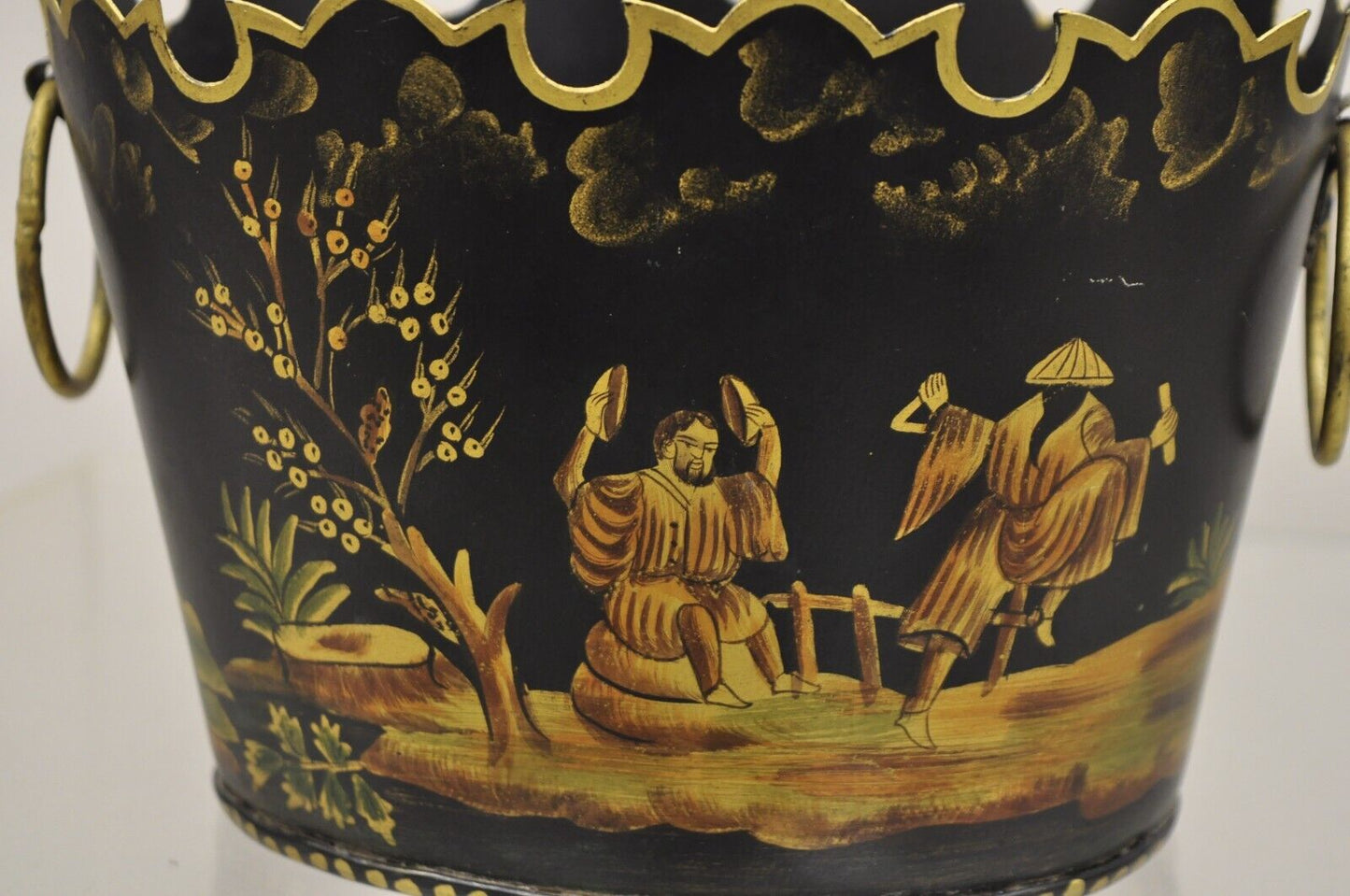 Scalloped Italian Hand Painted Toleware Chinoiserie Black Metal Planter - A Pair