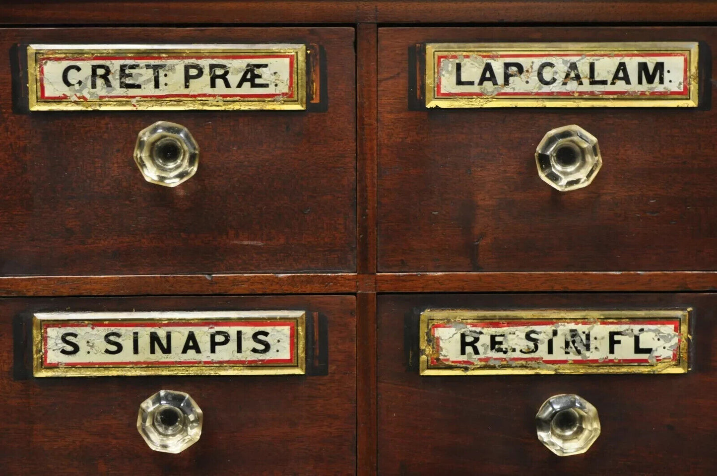 19th C. Victorian Mahogany Apothecary Medicine Cabinet w/ 10 Drawers Glass Pulls