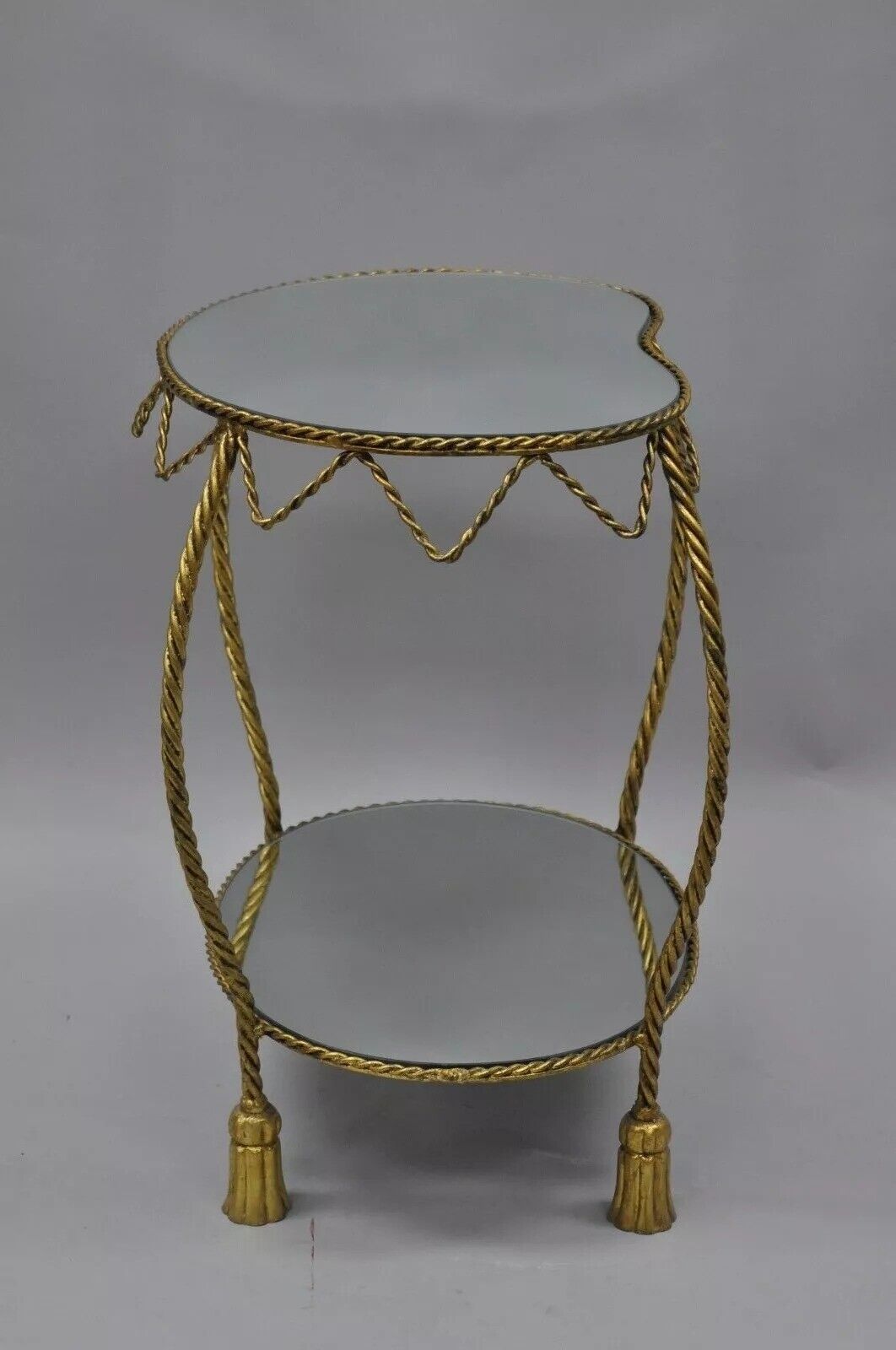 Italian Hollywood Regency Gold Rope & Tassel Kidney Shape Mirror Top Side Table