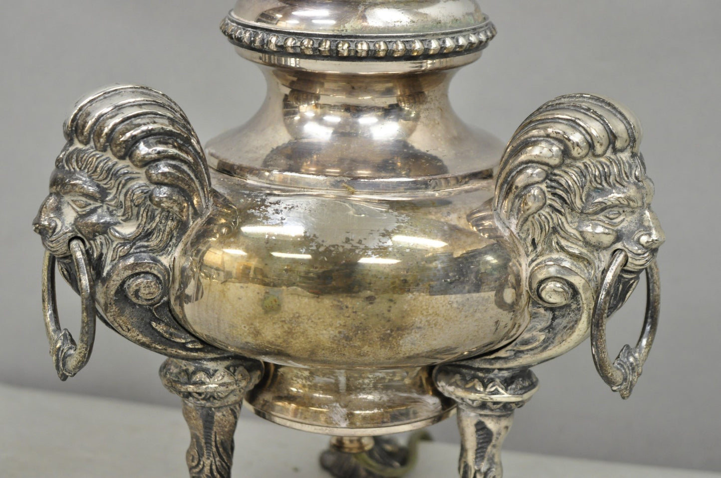 Antique English Regency Silver Plated Converted Oil Lamp Lion Mounted Table Lamp