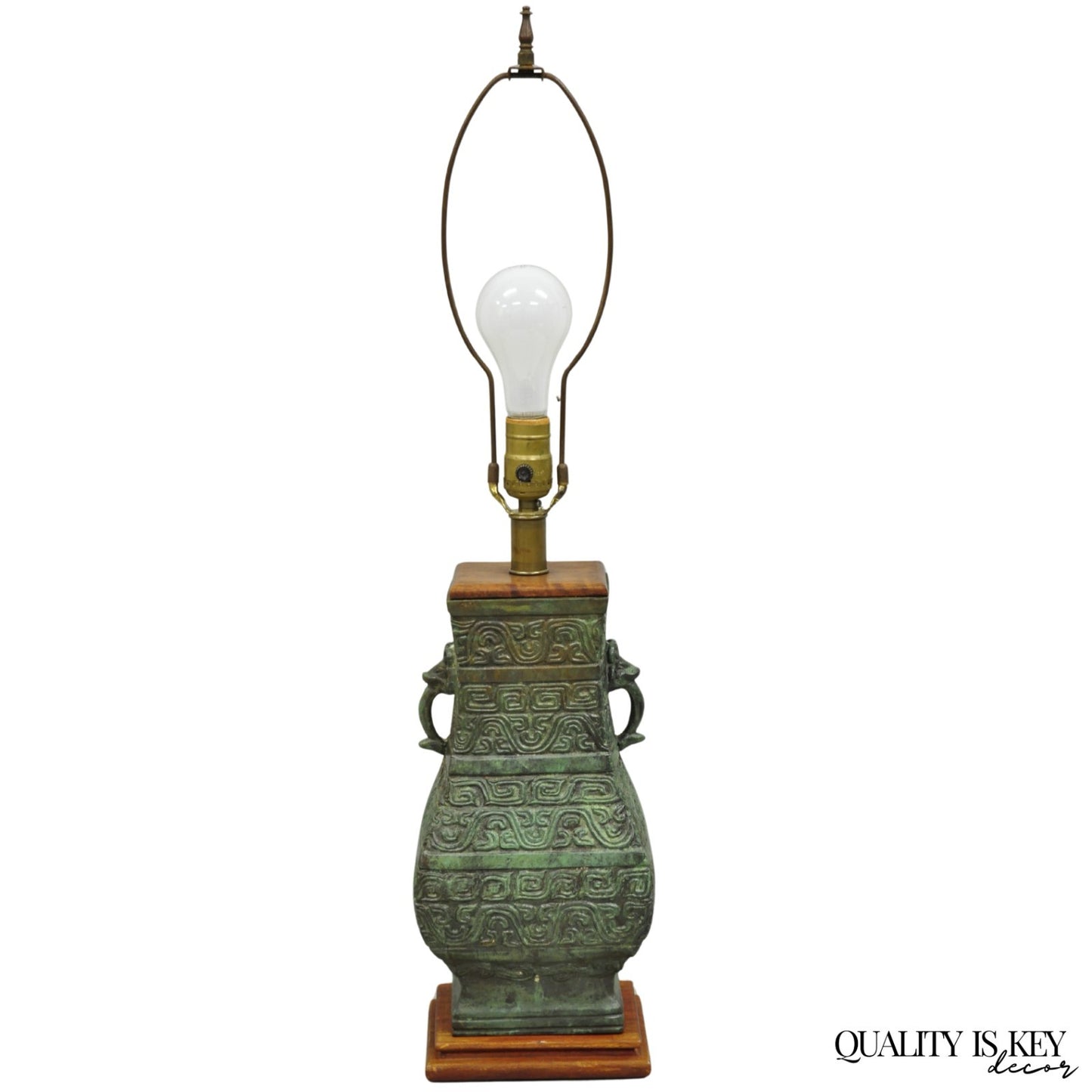 Vintage Oriental Verdigris Green Archaic Bronze Figural Chinese Table Lamp