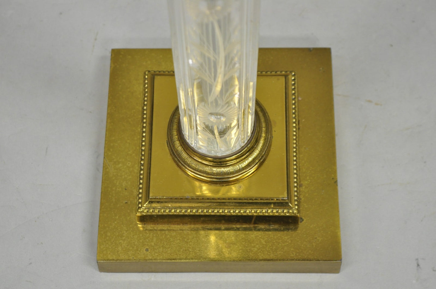 Vintage Neoclassical Style Floral Etched Glass Column Brass Reading Floor Lamp