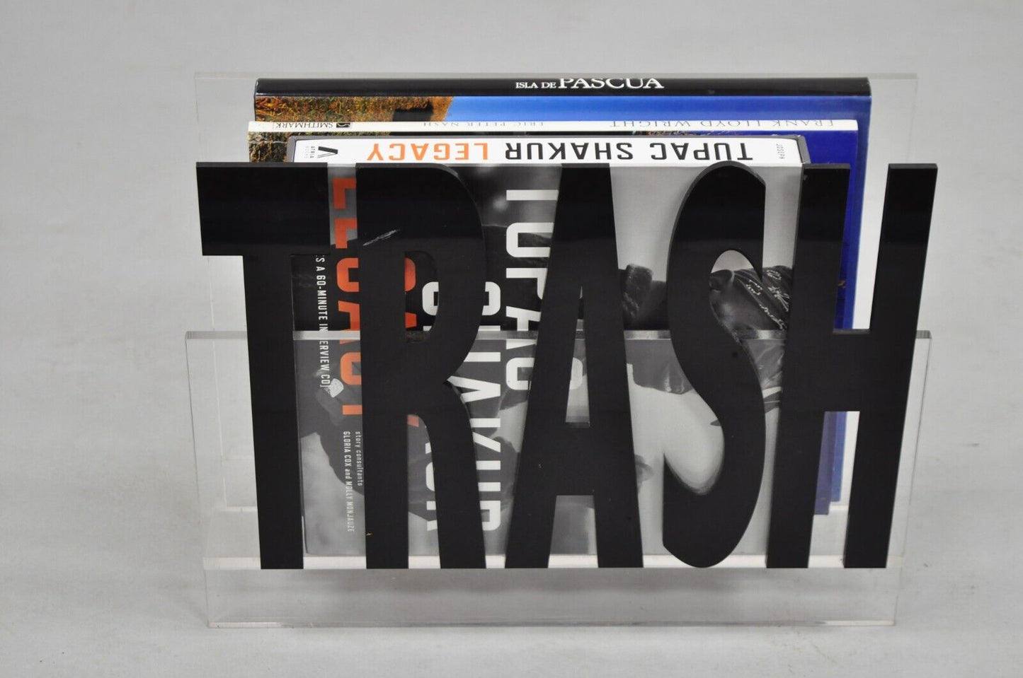 Vintage Mid Century Modern Pop Art "Trash" Lucite Acrylic Magazine Rack Stand
