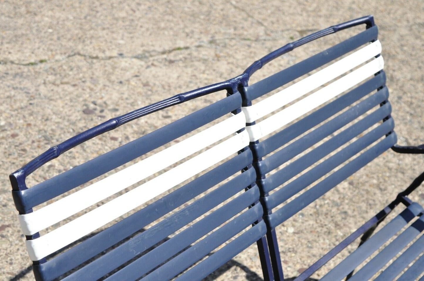 Vintage Faux Bamboo Aluminum Vinyl Strap Blue Garden Patio Loveseat Settee
