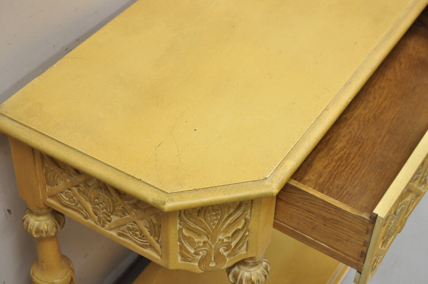 Gothic Renaissance Revival Painted Hall Altar Console Table Chair Set - 4 Pc Set