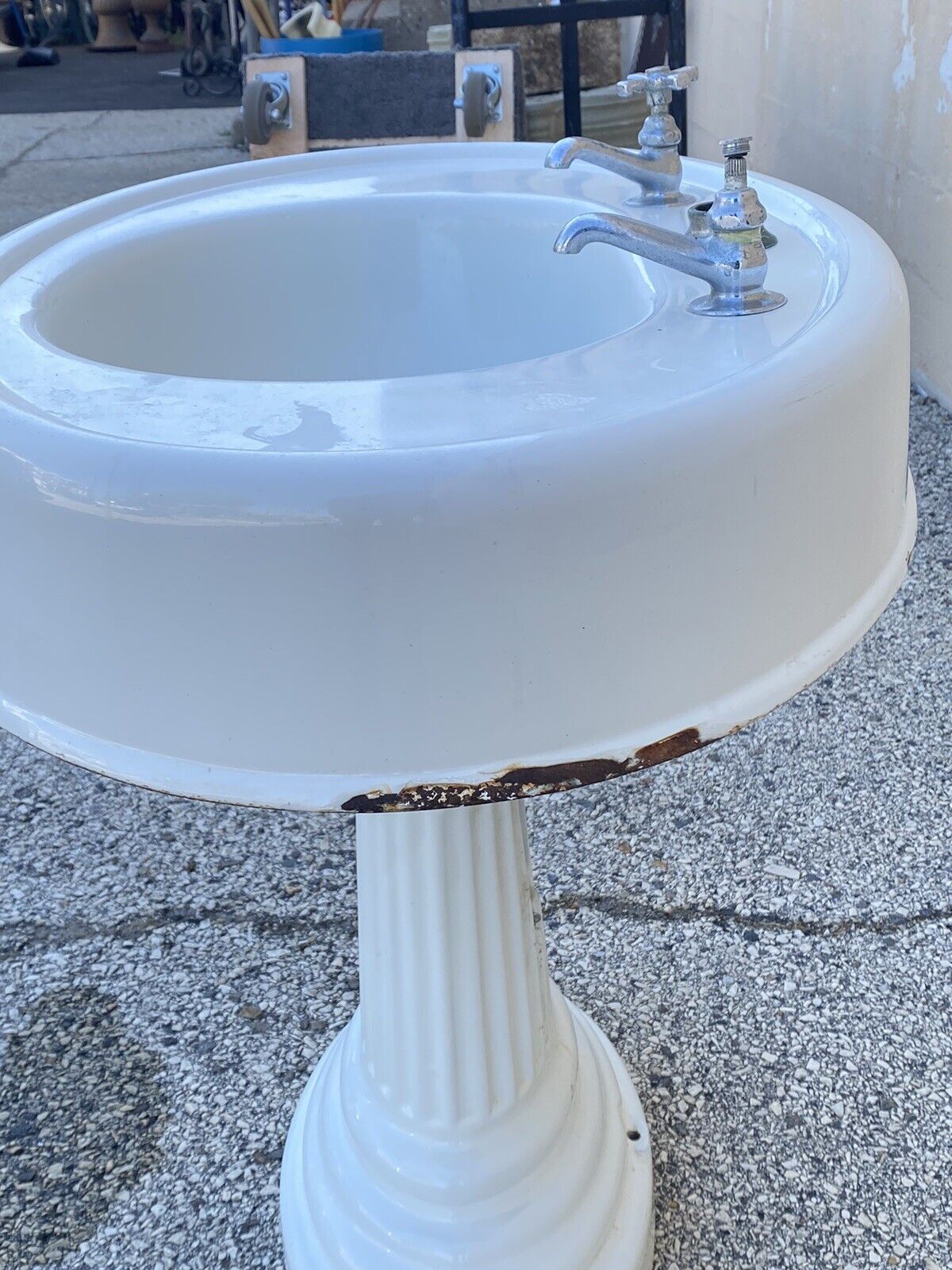 Antique Victorian White Cast Iron Porcelain Enamel Pedestal Bathroom Sink
