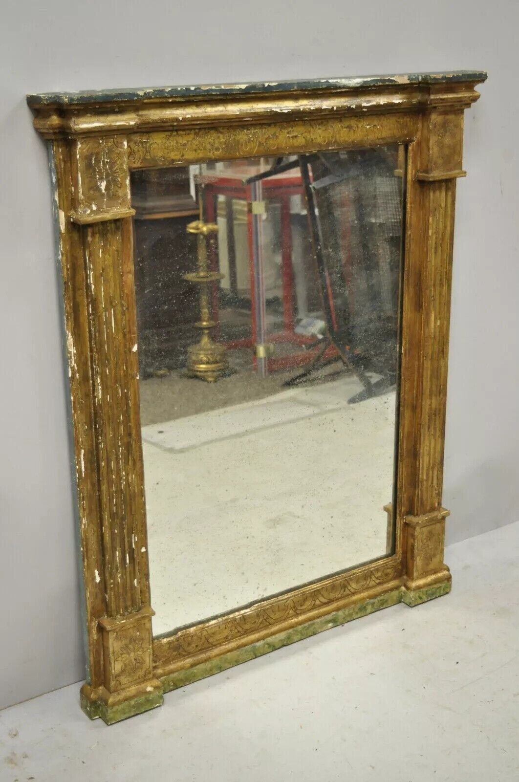 Antique Italian Florentine Giltwood Distressed Gold Looking Glass Wall Mirror