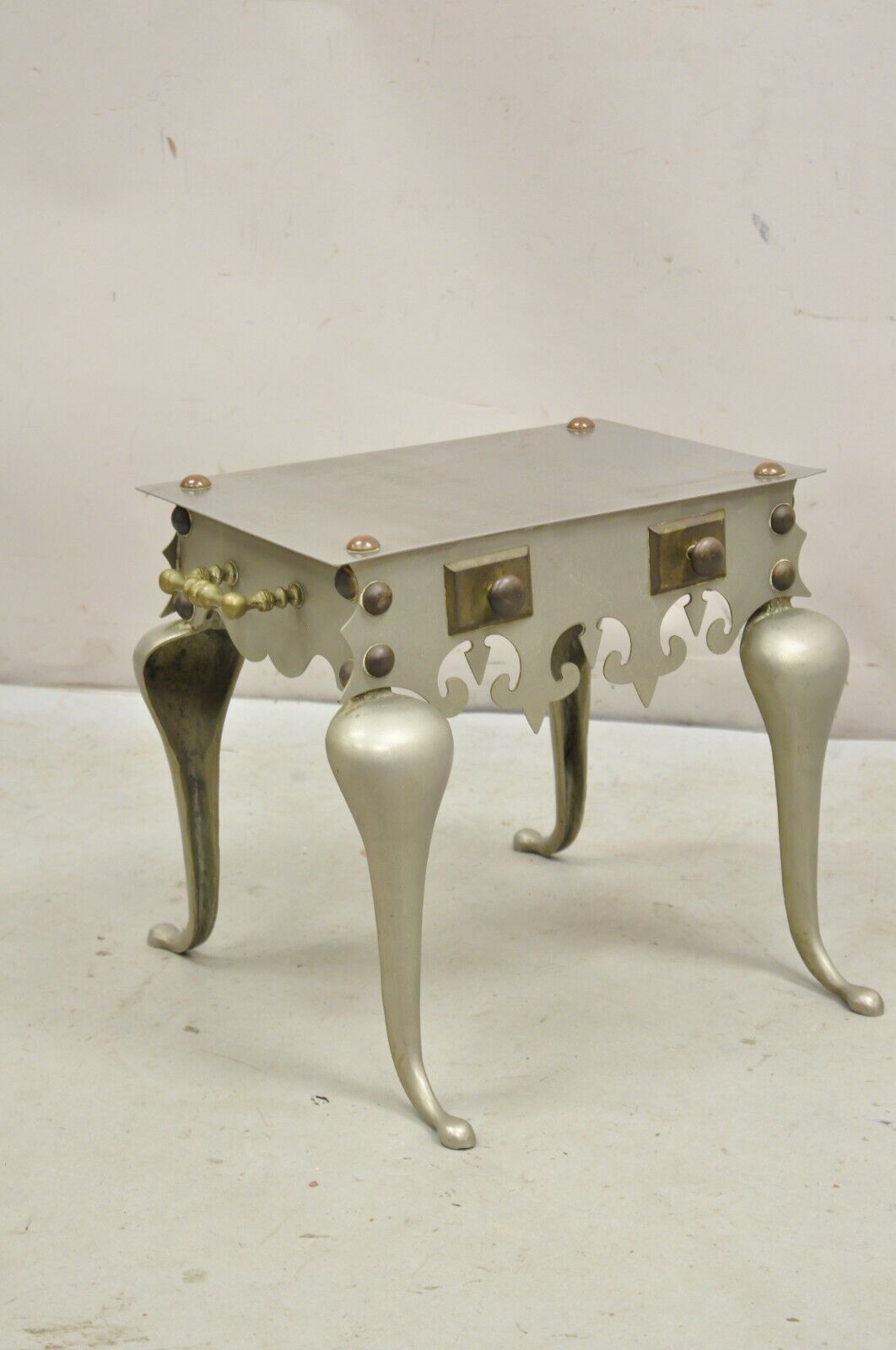Antique Victorian Brass and Steel Metal Footman Fireplace Trivet Low Side Table