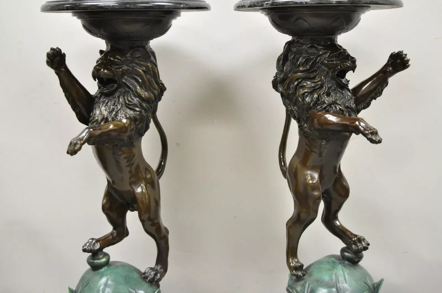 Regency Style Bronze Lion Figure Marble Top Pedestal Table after P.J Mene, Pair