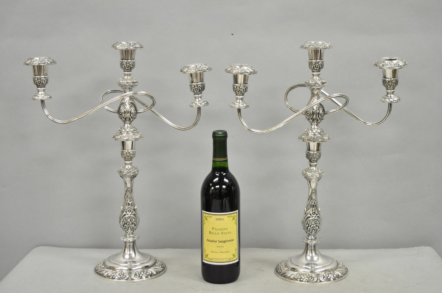 Heritage 1847 Rogers Bros 9416 Silver Plated 3 Arm Ornate Candelabra - a Pair