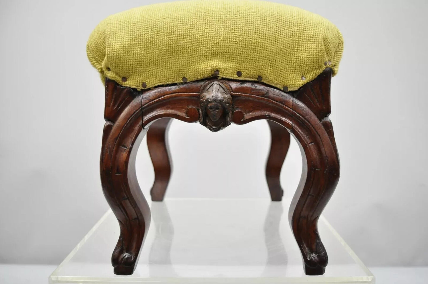 Antique Victorian Walnut Figural Lion Female Face Needlepoint Footstool Ottoman
