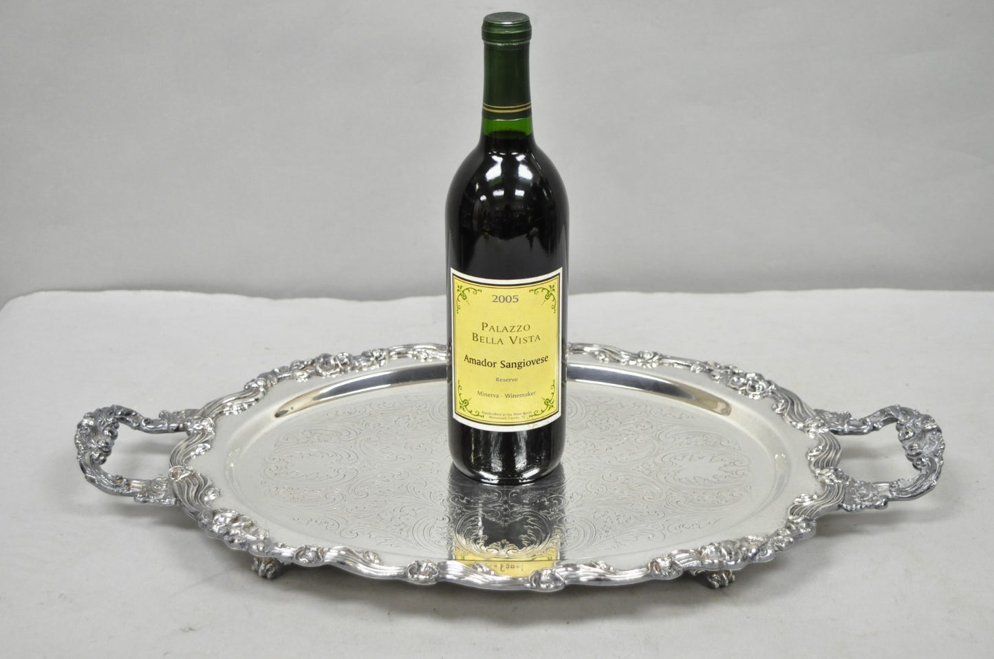 Vintage Sheffield English Victorian Oval Silver Plated Footed Bar Tray w/Handles