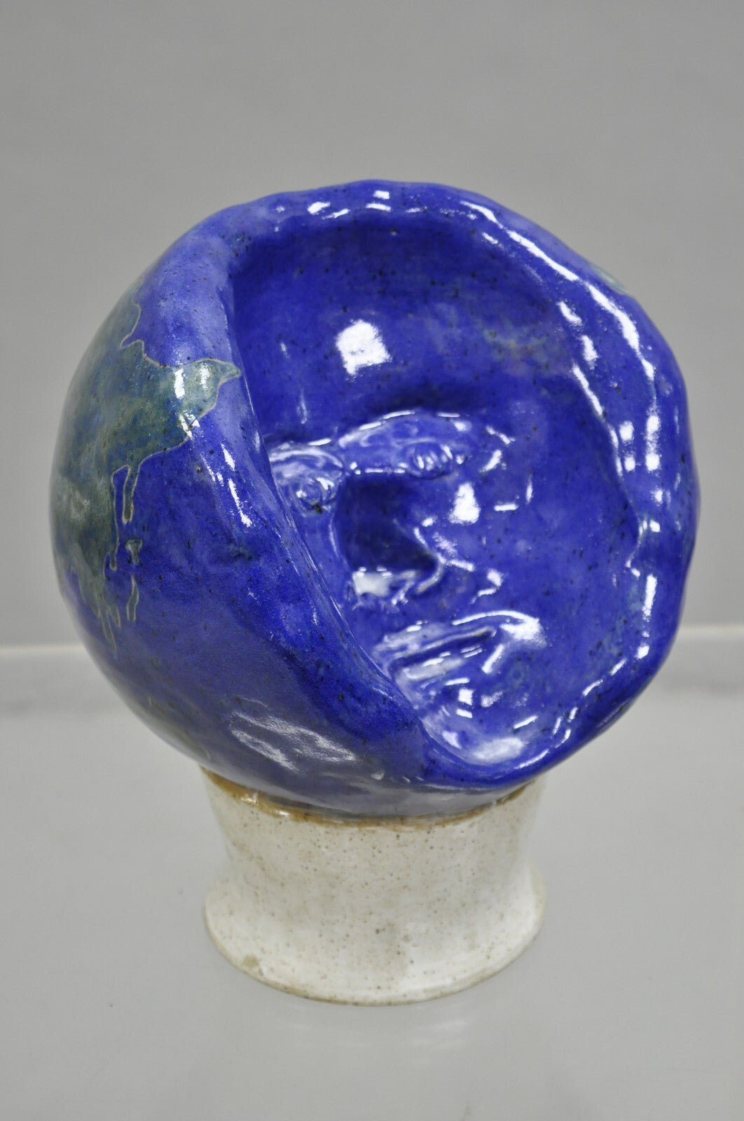 Vintage Mid Century Modern Blue Glaze Ceramic Pottery World Globe Face Sculpture