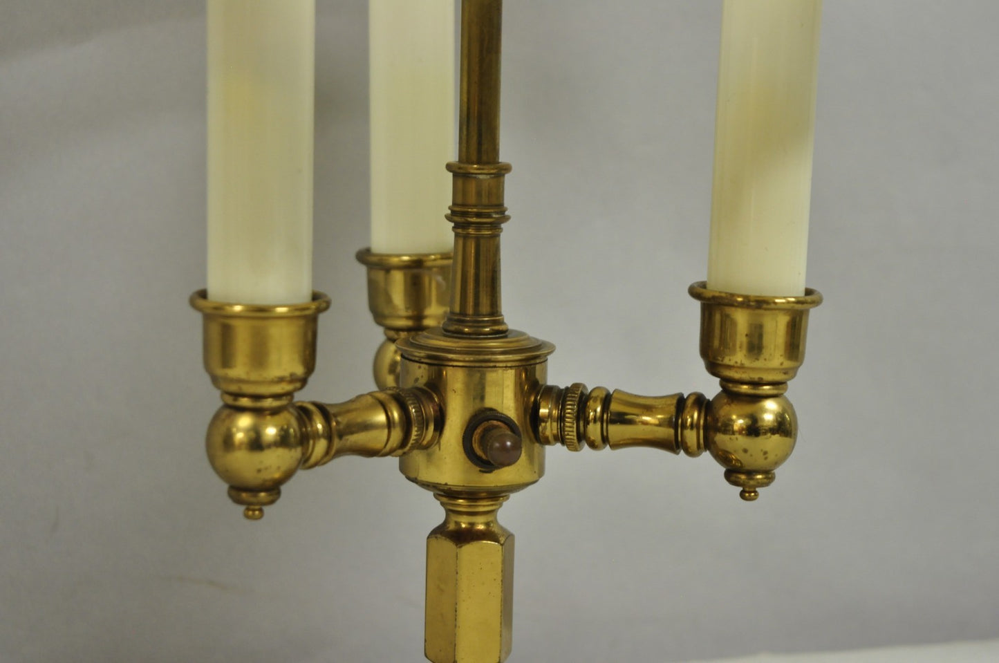 Vintage French Country Style Small Brass Candelabra Bouillotte Desk Lamp w Shade
