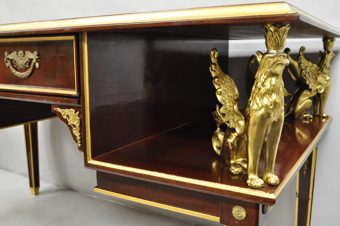 French Empire Revival Green Leather Top Bronze Griffin Mahogany Desk & Chair