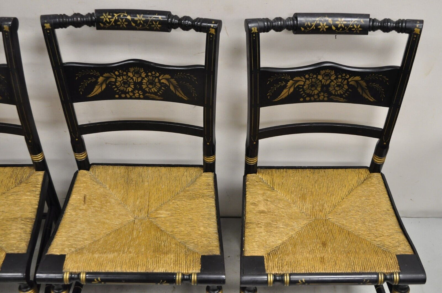 Antique Hitchcock Style Black Lacquer Stencil Rush Seat Dining Chairs - Set of 4