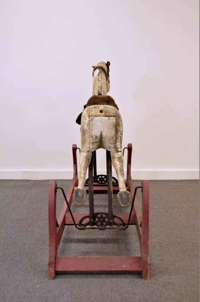 Antique Primitive Glider Rocking Hobby Horse Rustic Carved Wood Cast Iron Red