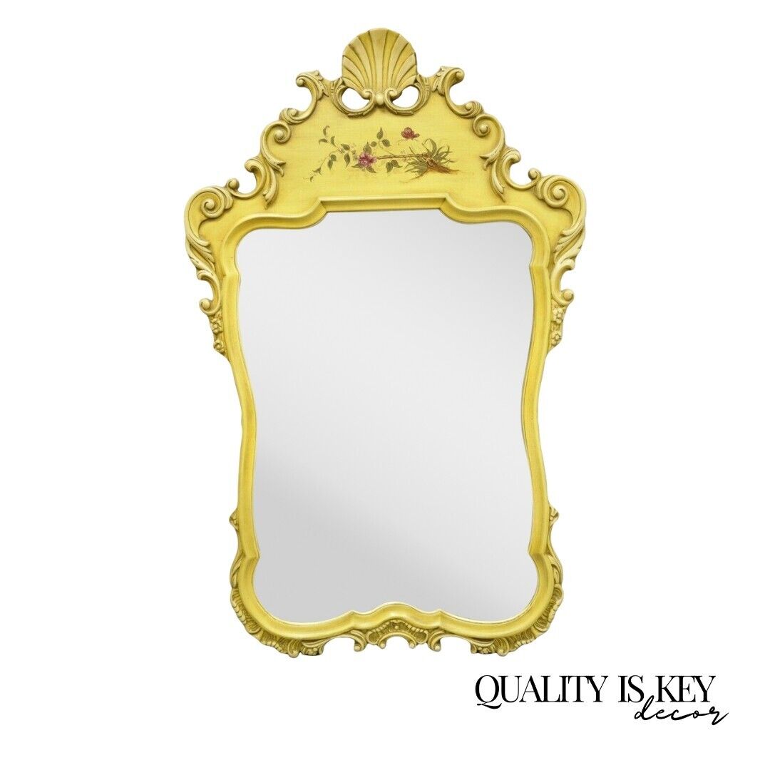 Vintage Yellow Chinoiserie Shell Carved Wall Mirror by Union National