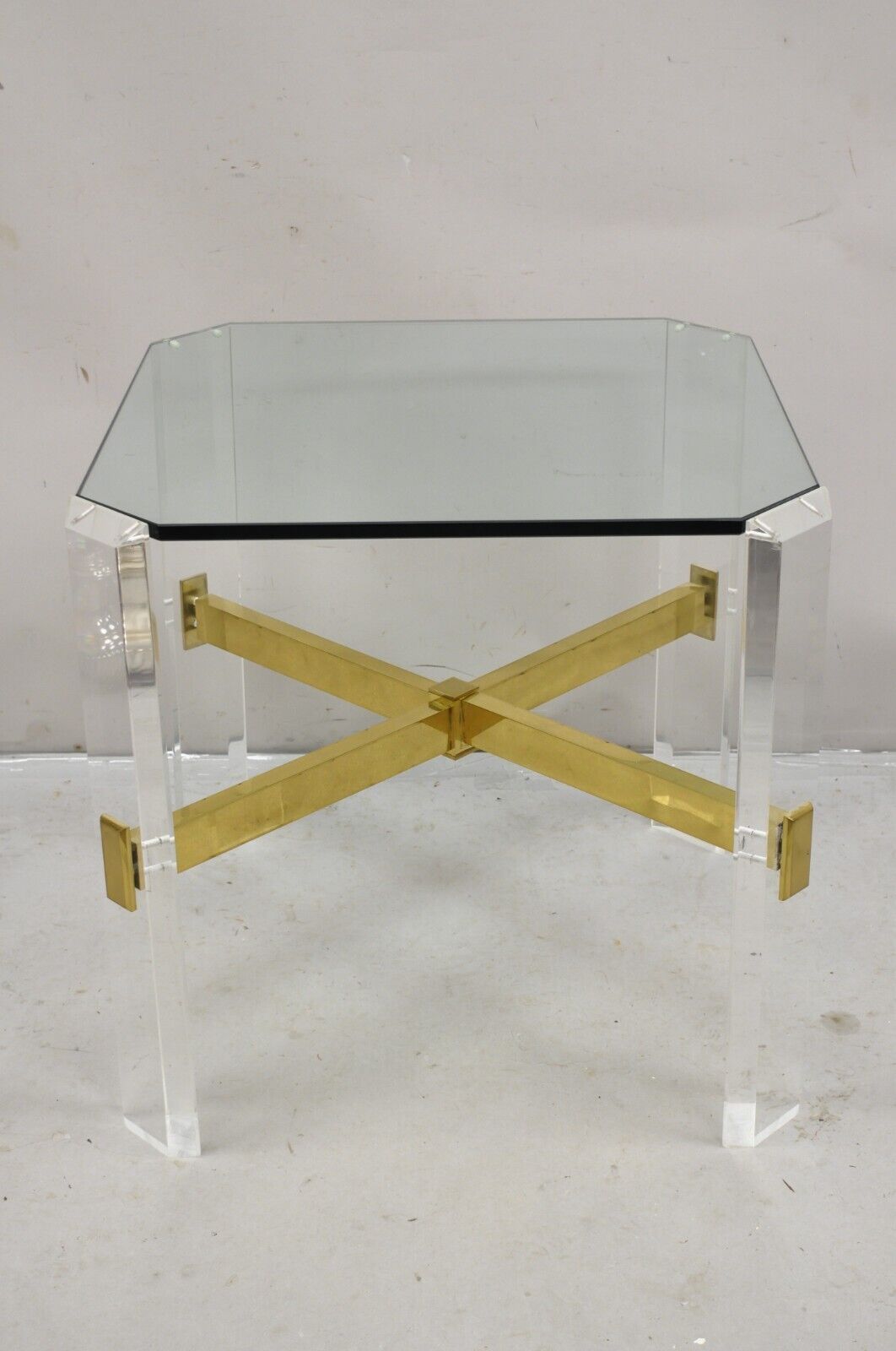 Mid Century Modern Lucite & Glass Top Occasional Side Table w Brass Stretcher