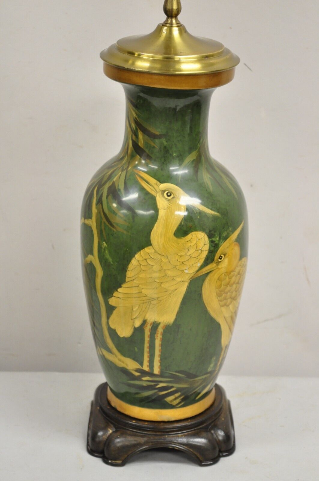 Vintage Chinoiserie Green Porcelain Jardiniere Table Lamp w/ Birds by Wildwood