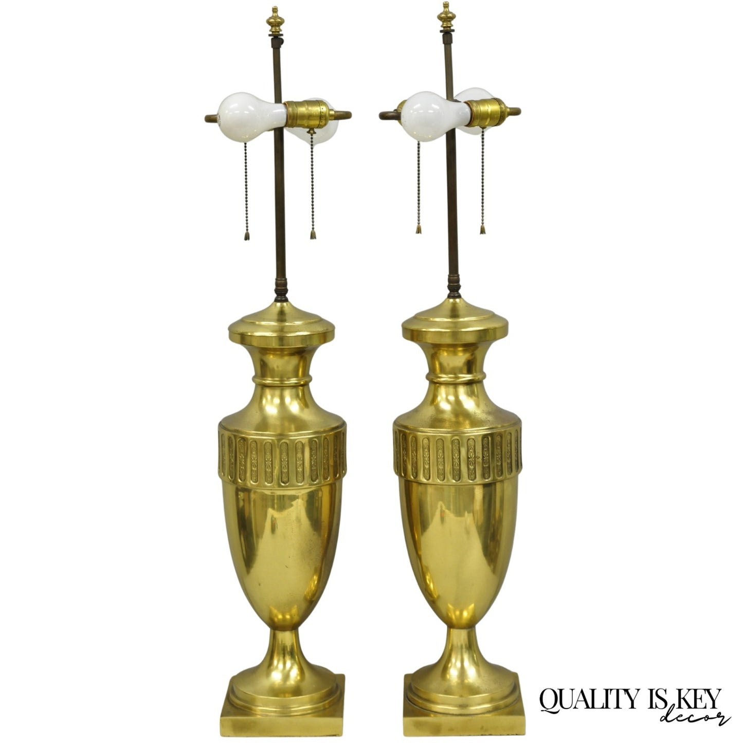 Vintage French Empire Neoclassical Gold Burnished Brass Urn Table Lamps - a Pair