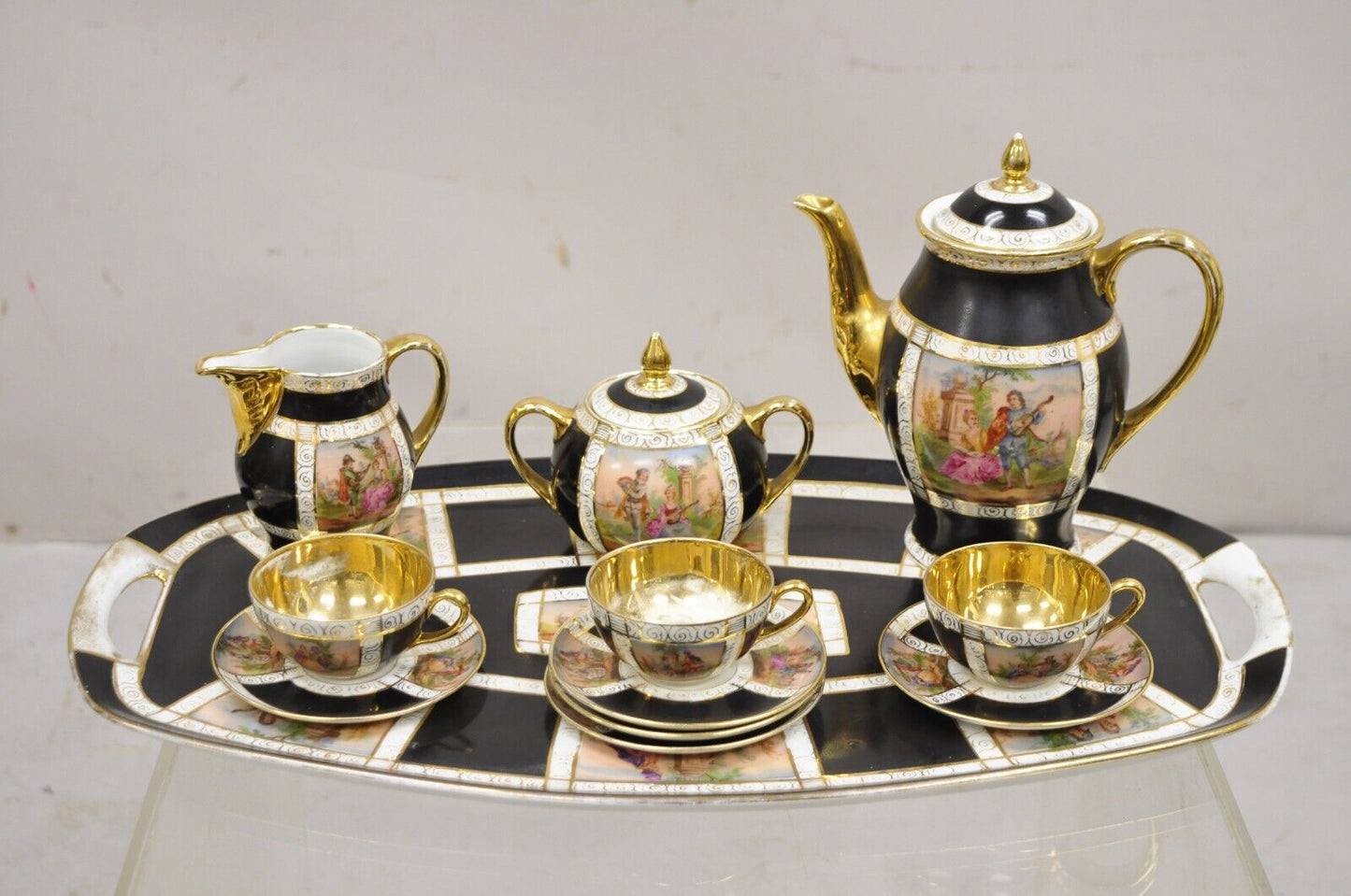 Royal Vienna Style Bohemia Czecho-Slovakia Black Porcelain Tea Set - 12 pcs