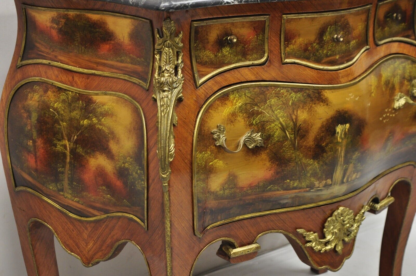 Vintage French Louis XV Style Marble Top Bombe Hand Painted Commode Chest