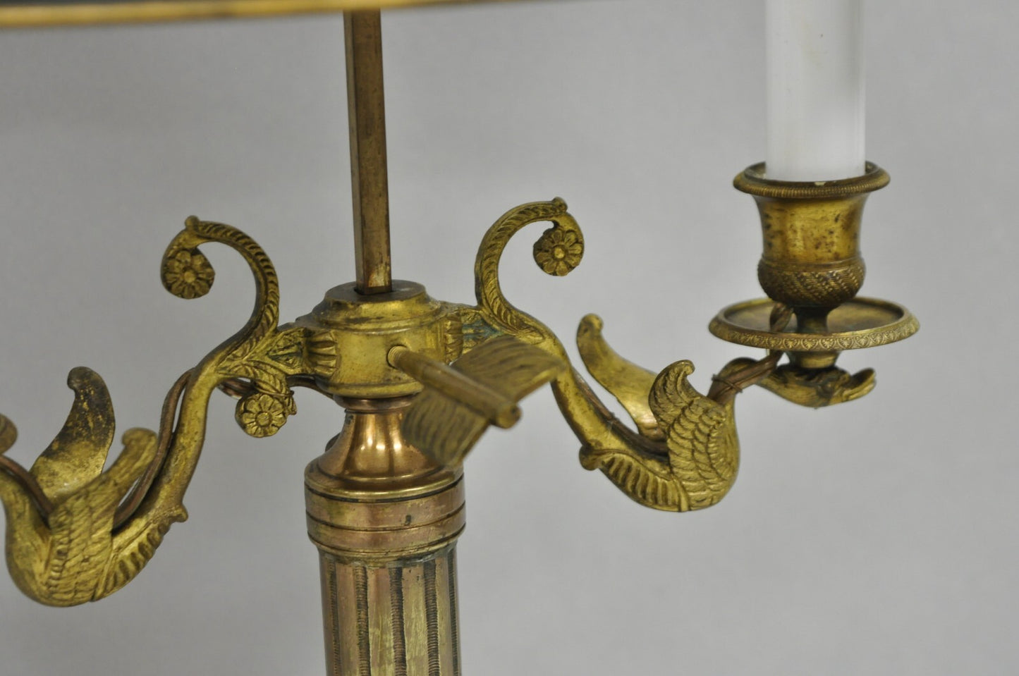 Antique French Empire Bronze Swans Green Tole Metal Shade Bouillotte Table Lamp