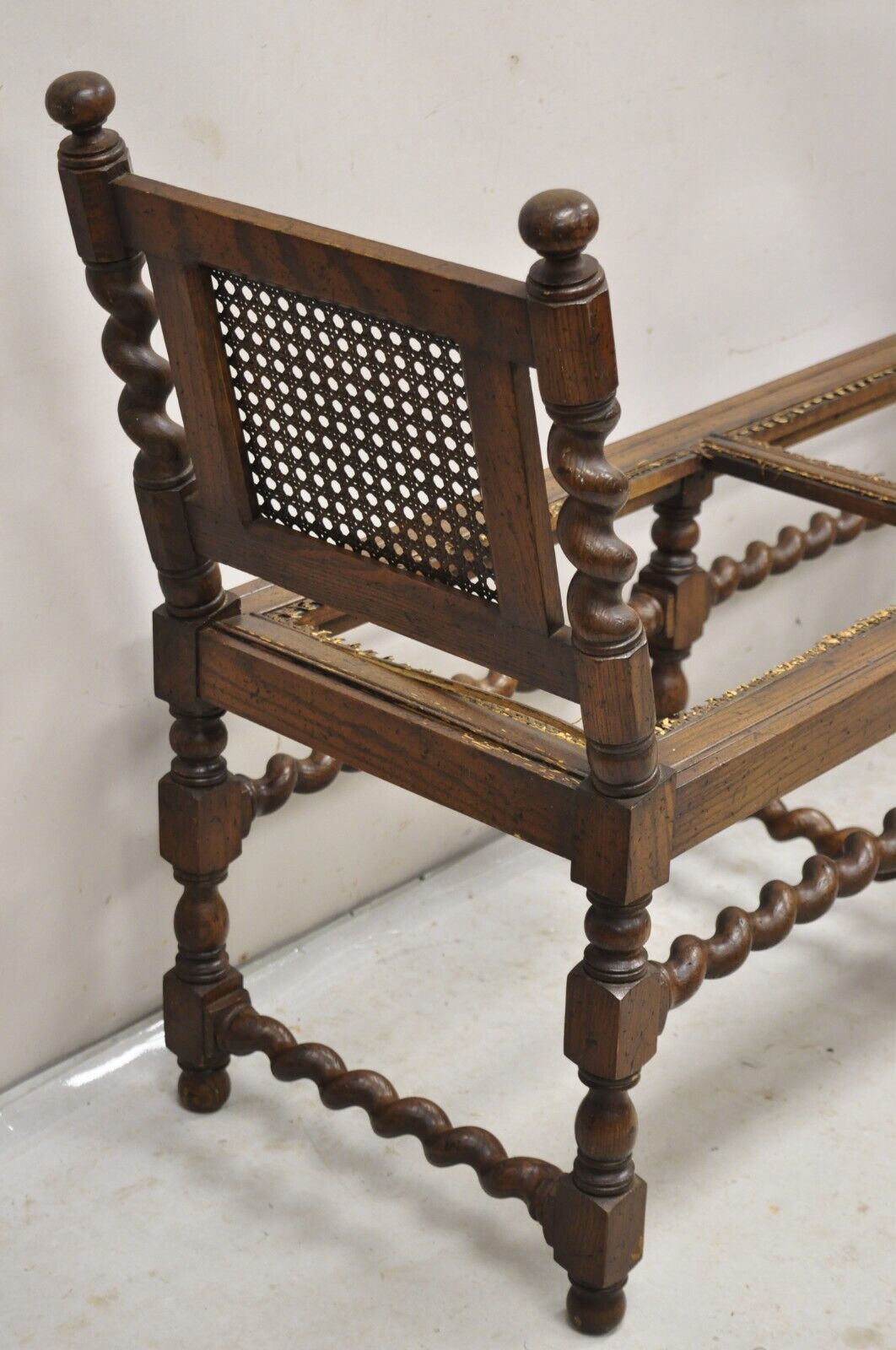 Vintage Oak Jacobean Style Barley Twist Stretchers 6 Leg Cane Window Bench