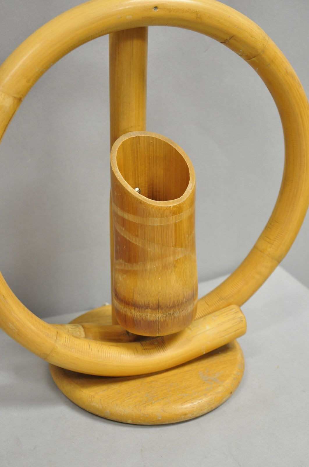 Vinatge Mid Century Modern Bentwood Bamboo Tiki Rattan Hoop Table Lamps - a Pair