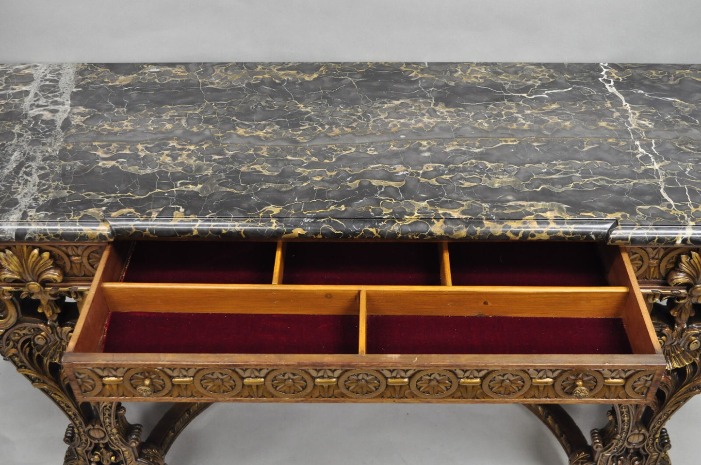 Antique French Baroque Rococo Carved Walnut Marble Top Sideboard Buffet w Drawer