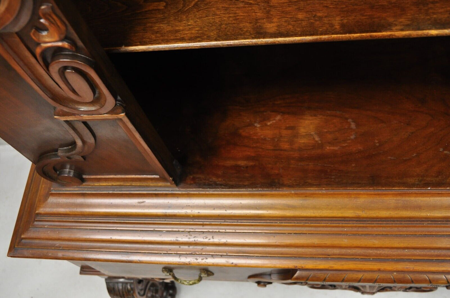 Antique French Renaissance Carved Walnut Floral Inlay Blind Door China Cabinet