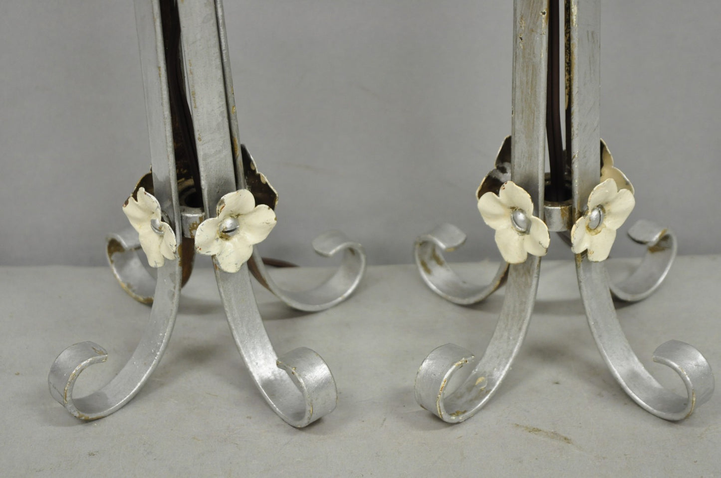 Antique Art Nouveau Wrought Iron Silver Painted Petite Boudoir Table Lamps, Pair