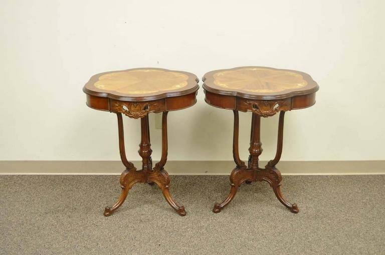 Pair Antique French Louis XV Style Floral Satinwood Inlay Walnut Lamp End Tables
