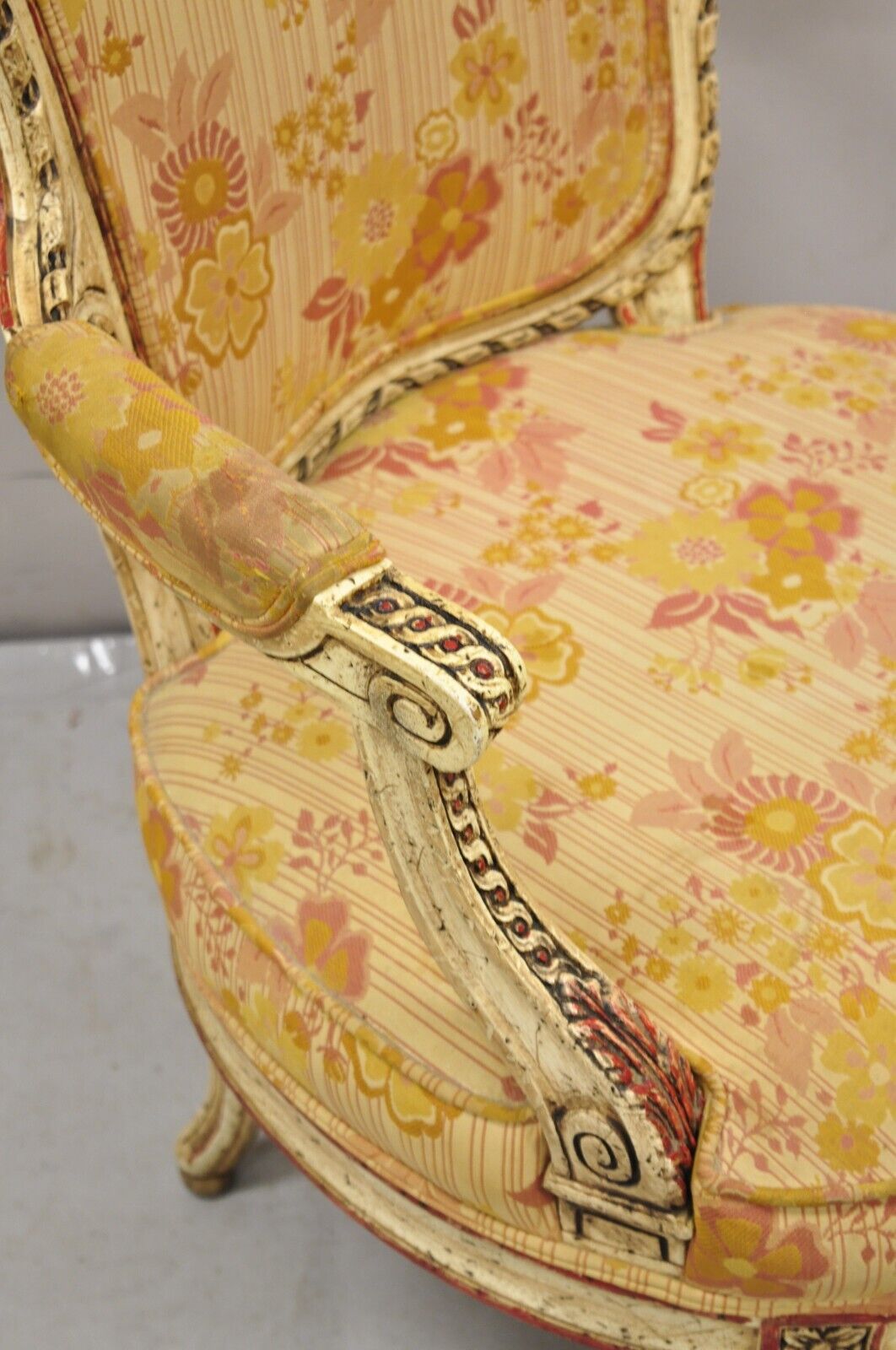Vintage French Louis XV Style Cream and Red Painted Low Boudoir Fauteuil Chair