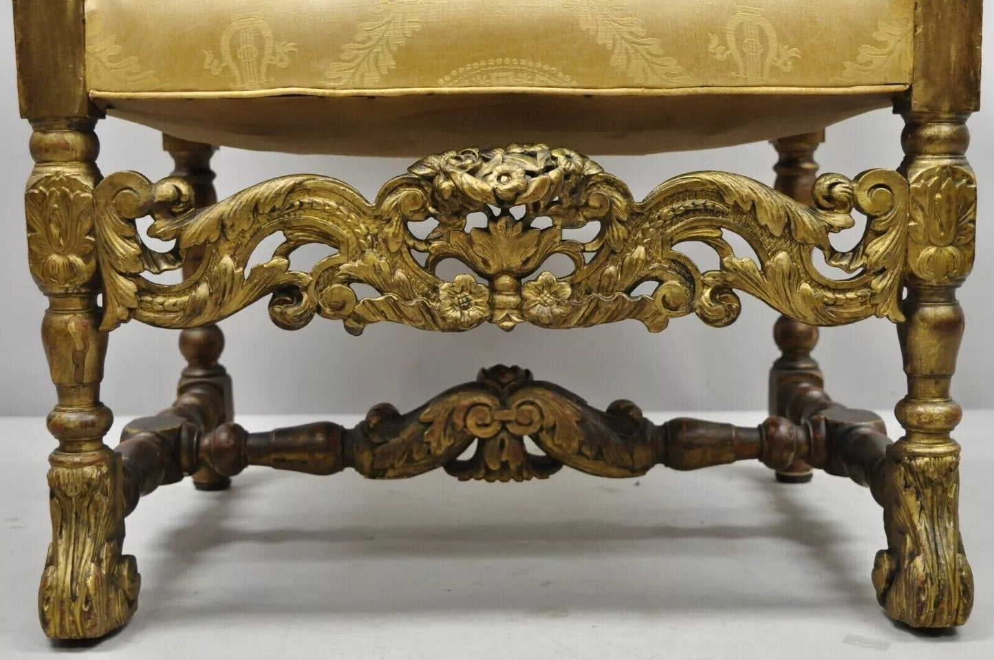 Antique Italian Renaissance Carved Walnut Jacobean Gold Upholstered Arm Chair