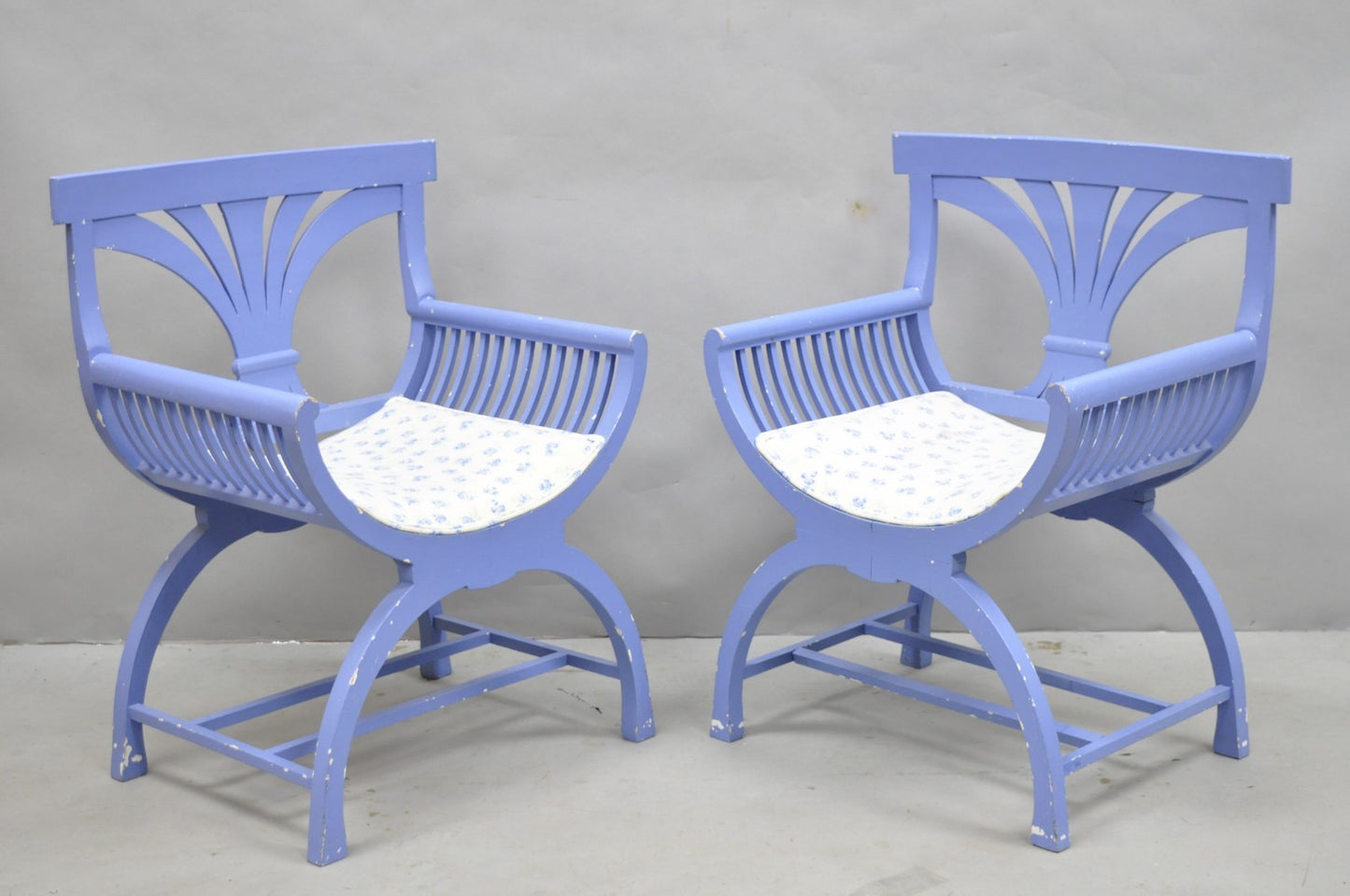 Vintage Hollywood Regency Italian Style Blue Curule X-Frame Arm Chair - a Pair